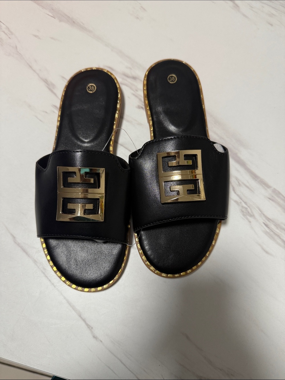 Summer Black Slide Sandals with Gold Accent - Women's Fashion Slides
